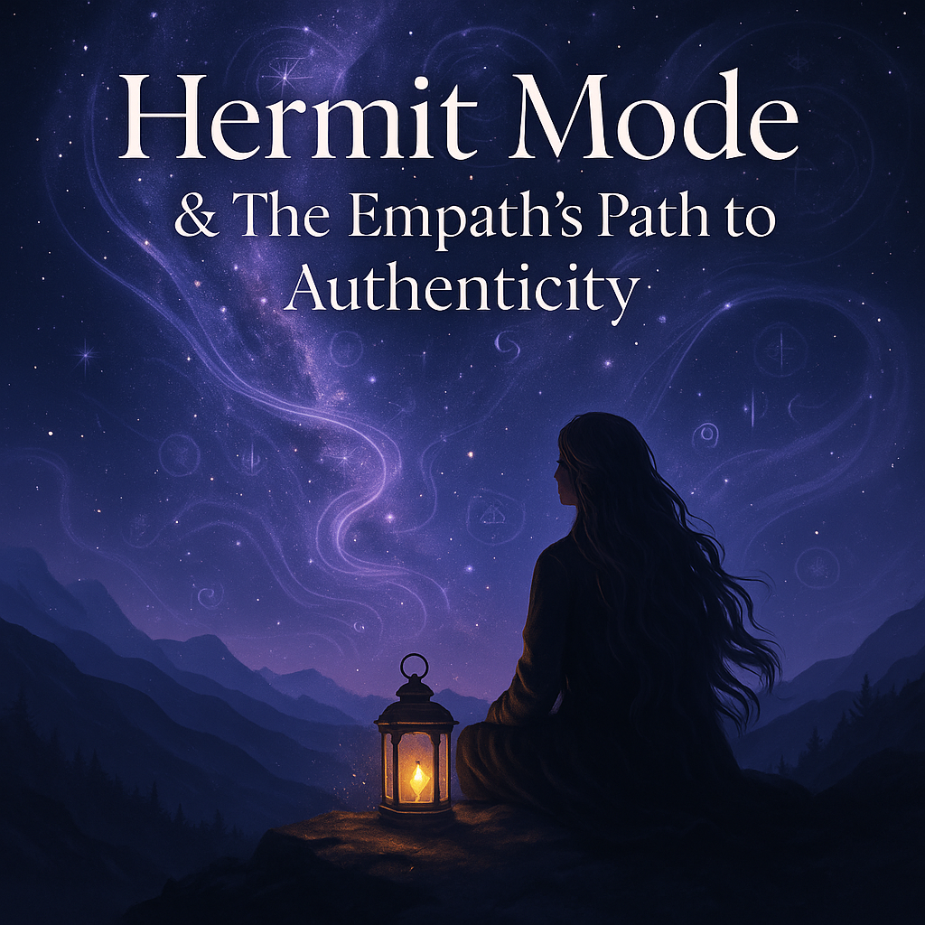 Silhouette of a woman sitting on a mountaintop at night beside a glowing lantern, gazing at a swirling cosmic sky—symbolizing hermit mode, inner reflection, and spiritual solitude.
