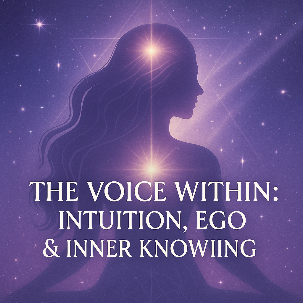 Silhouette of a woman with glowing light at the third eye and heart center, surrounded by soft starlight and sacred geometry, symbolizing intuition, inner wisdom, and spiritual awakening.